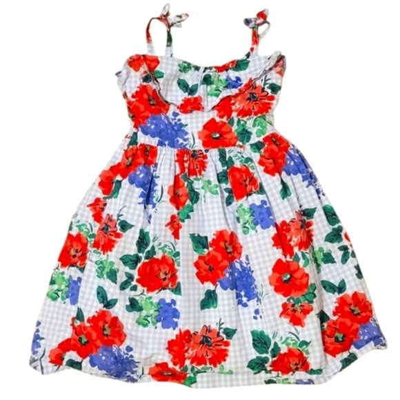 Janie And Jack Floral Gingham Dress Girl's Size 5 Lined Summer Party Swing Blue - Picture 1 of 5